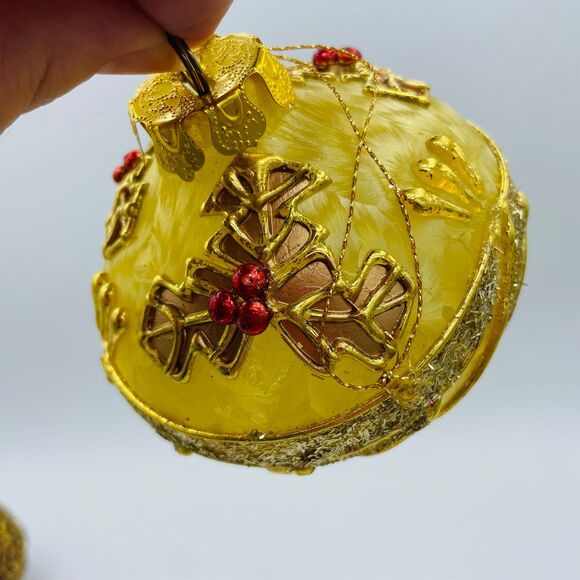 4 Embellished Frosted Glass Christmas Ornaments Elongated Poinsettia Holly Gold - Picture 6 of 11
